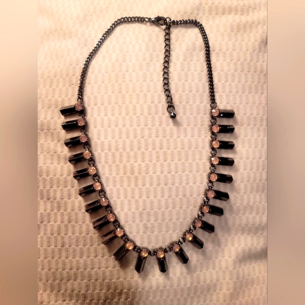 Peach Rhinestone Statement Necklace With Charcoal Metal Accents
